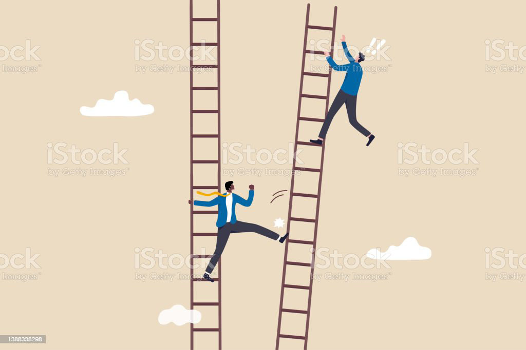 Jealous colleague or coworker envy for other being better or promoted, loser cheating competition or office politic dirty and dishonesty concept, businessman loser kick winner ladder to make him fall.